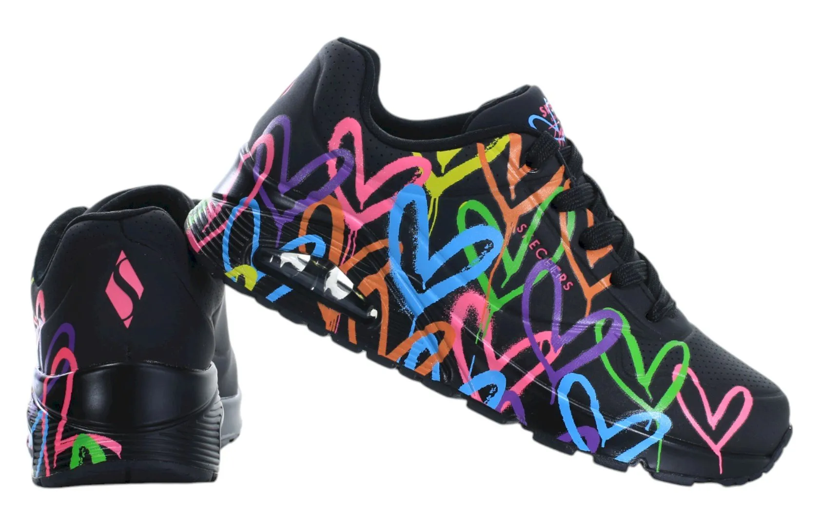 Skechers UNO melnās sieviešu kurpes ar krāsainām sirdīm