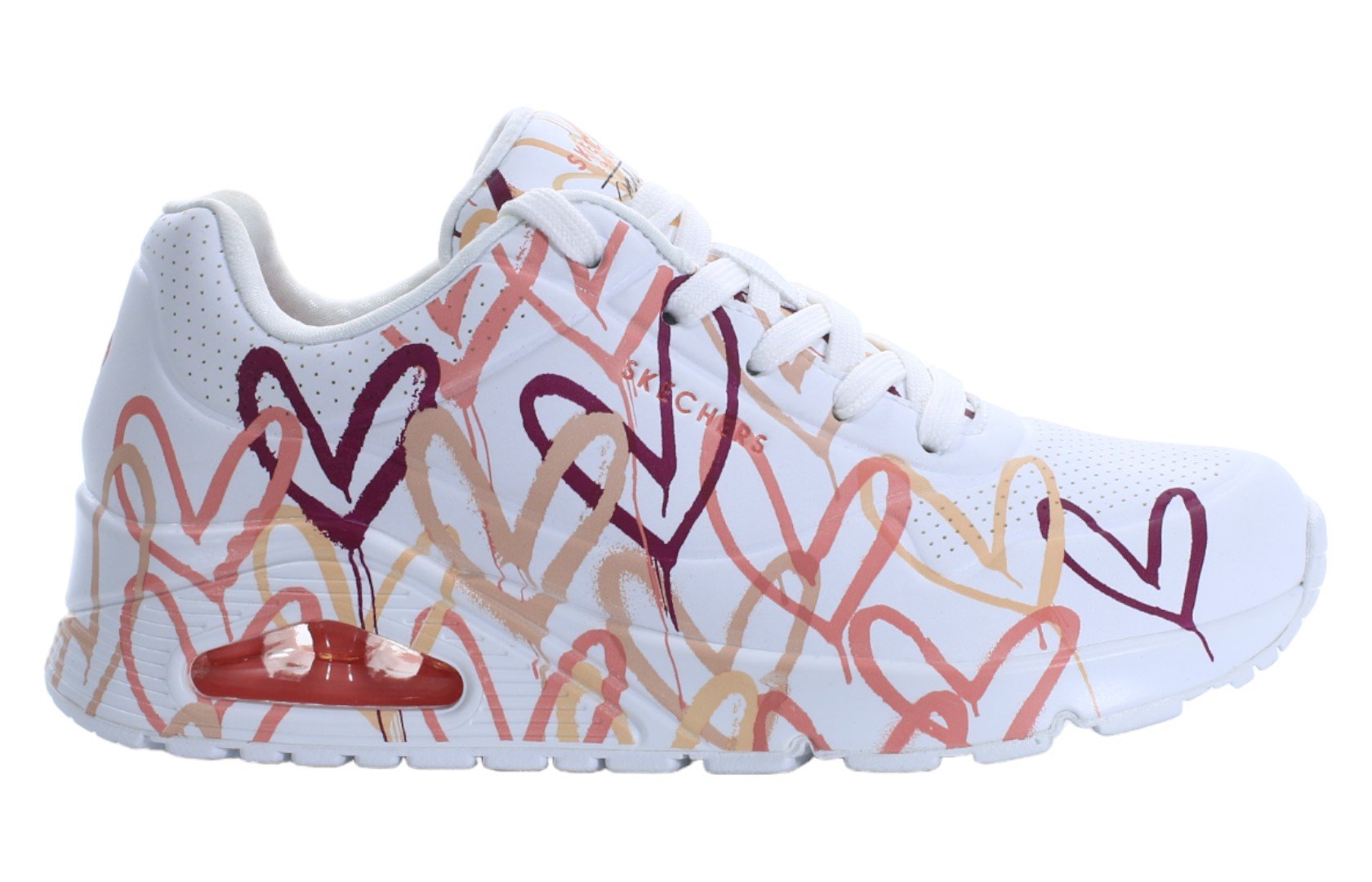 Białe sneakersy damskie Skechers Spread The Love 155507-WCRL w serduszka