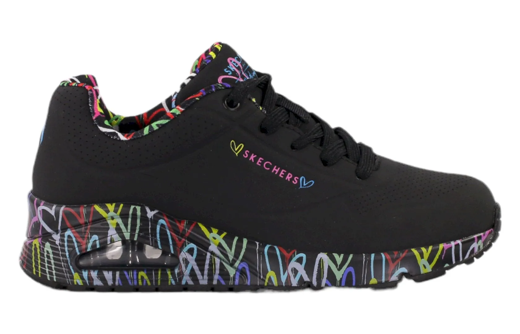 Černé dámské boty Skechers UNO s barevnými srdíčky