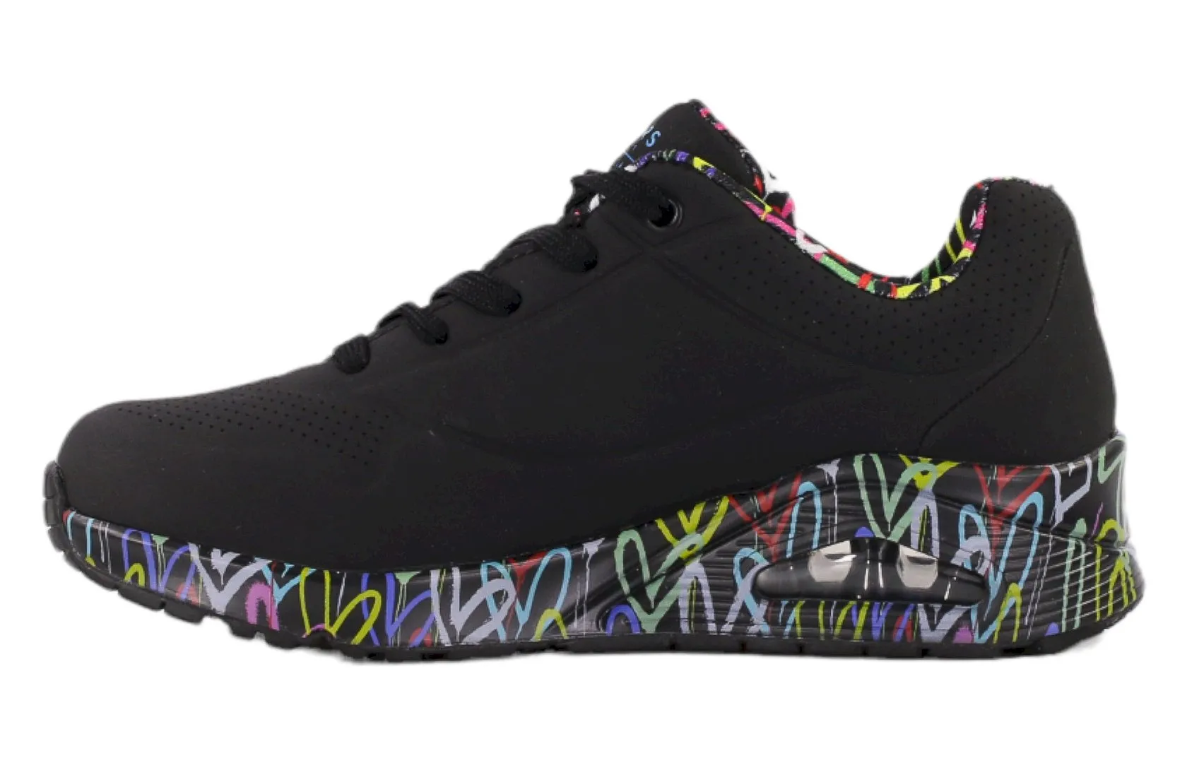 Černé tenisky Skechers UNO s barevným vzorem srdíček na podrážce