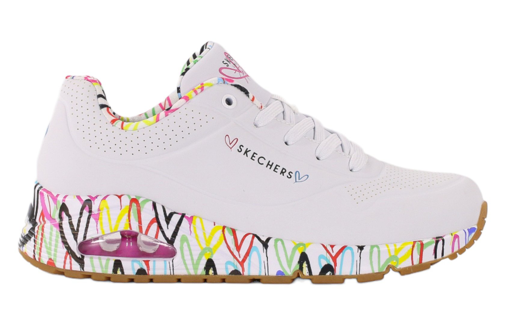 Białe sneakersy damskie Skechers UNO 155506-WHT w kolorowe serca