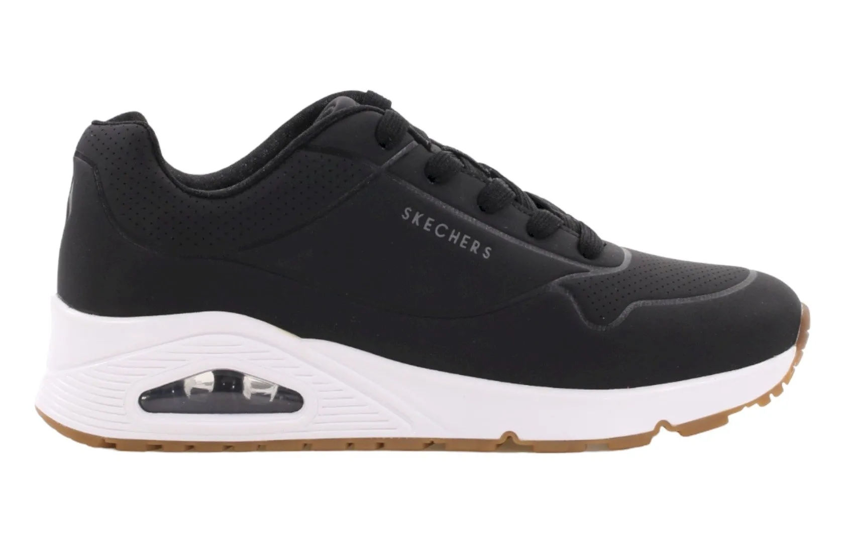 حذاء سكيترز (Skechers) النسائي ذو العلامة التجارية، باللون الأسود، طراز UNO STAND ON AIR، بكعب عريض