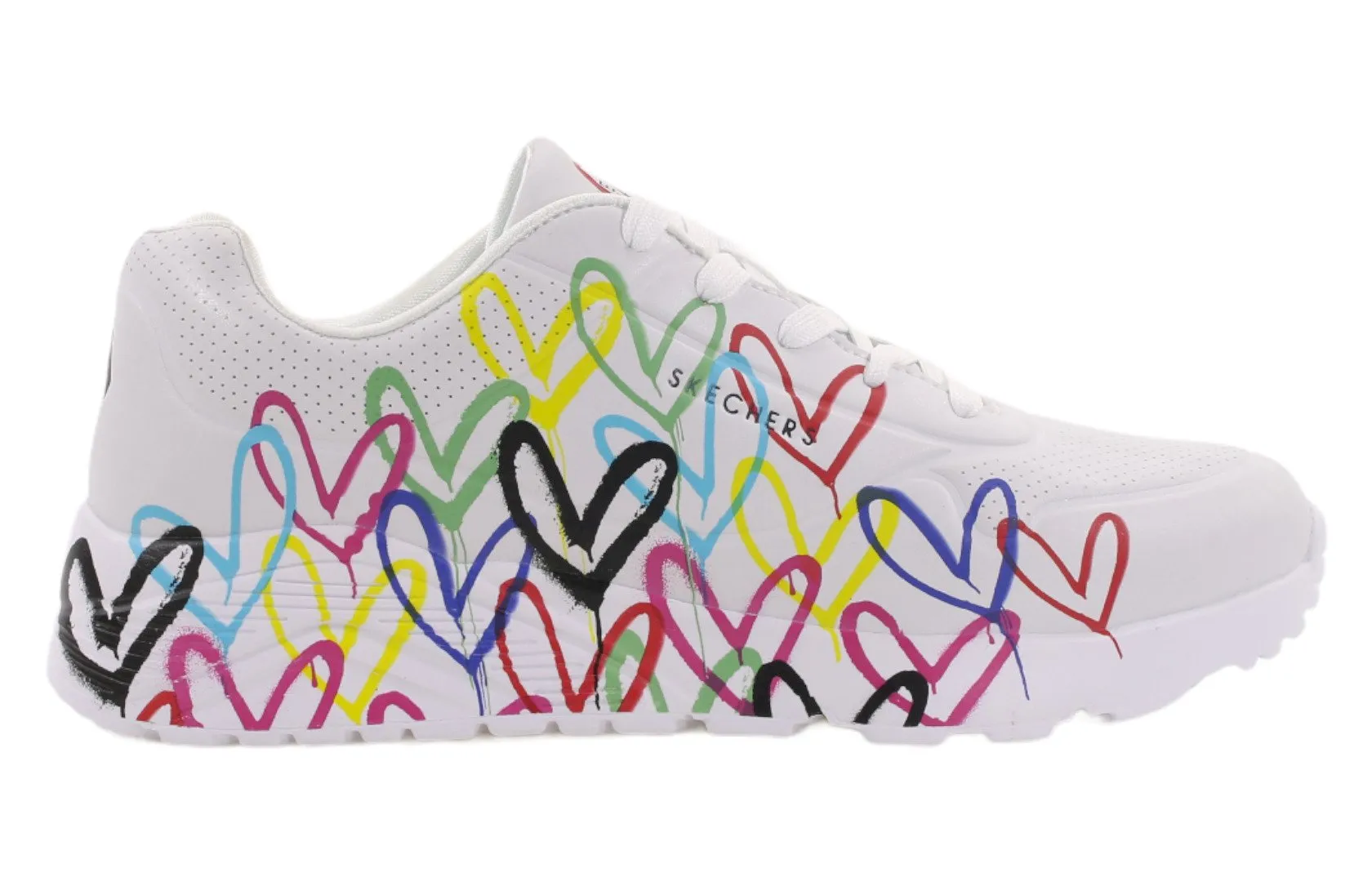 Scarpe da donna bianche Skechers con zeppa UNO LITE SPREAD con cuoricini