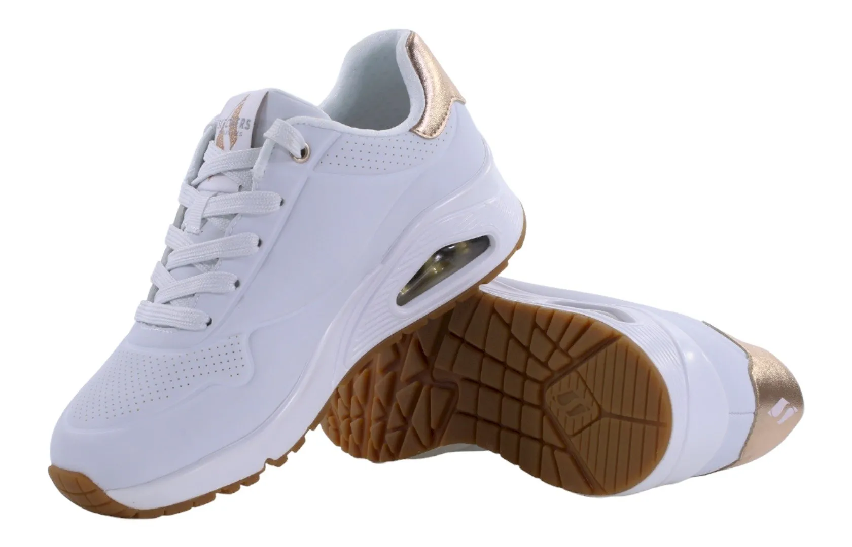 Białe sneakersy Skechers UNO z ozdobnym złotym wykończeniem przy pięcie