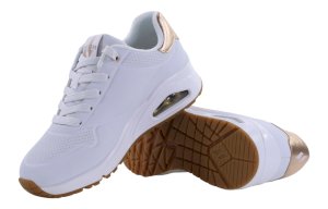 Baltai „Skechers UNO“ sportiniai bateliai su dekoratyviomis auksinėmis apdailomis kulno srityje
