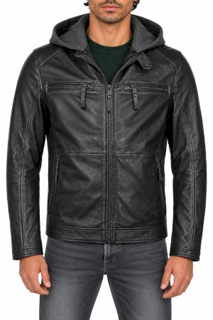 Men's Black Leather Biker Jacket with Hood 310-24-057-1000