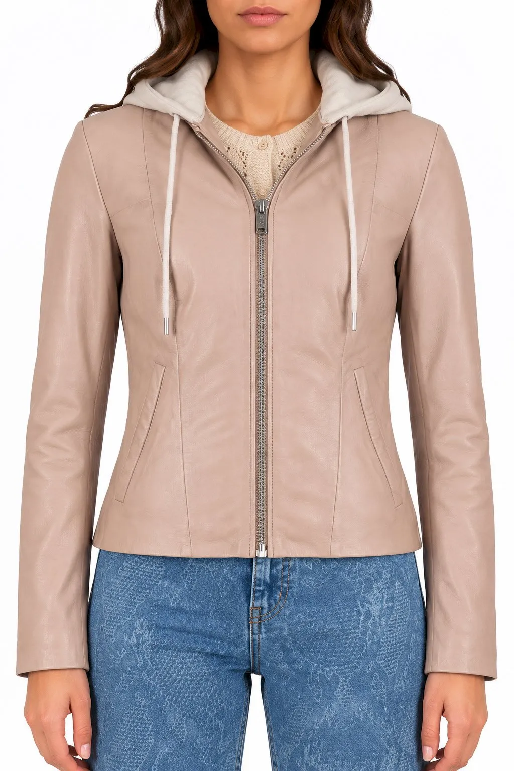 Pembe, kapüşonlu, kadın café racer deri ceket 310-23-138-9812
