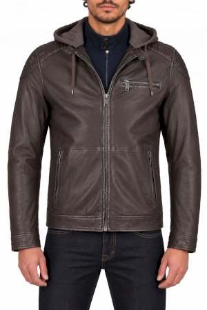 Moška rjava usnjena jakna v slogu »café racer« s kapuco Mustang 310-23-163-5002