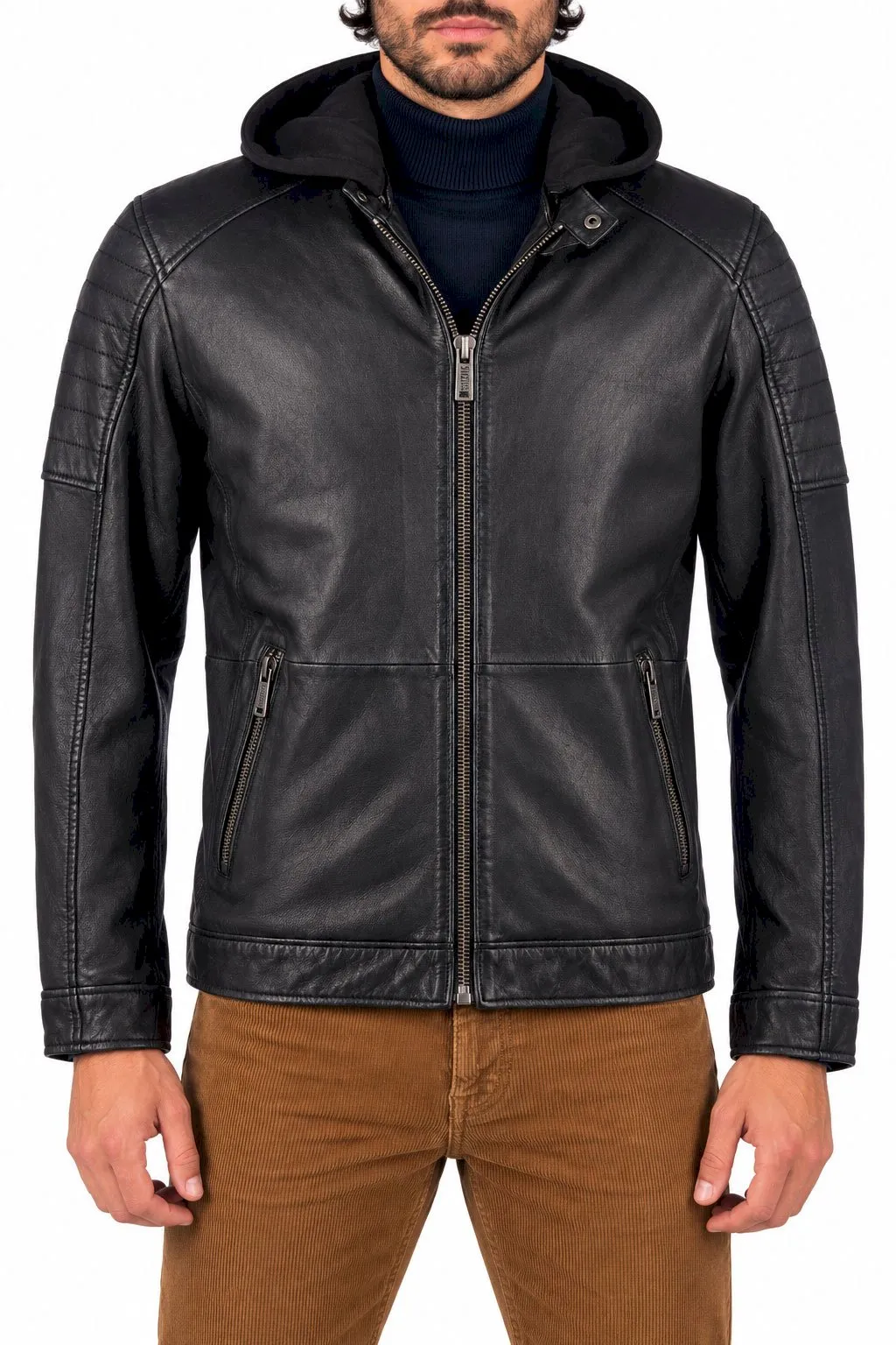 سترة جلدية سوداء للرجال مزودة بغطاء للرأس من طراز Mustang Cafe Racer Biker 310-24-817-1000