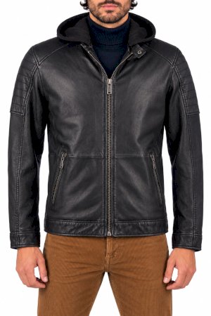 سترة جلدية سوداء للرجال مزودة بغطاء للرأس من طراز Mustang Cafe Racer Biker 310-24-817-1000
